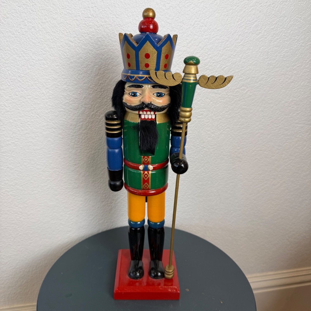 Vintage Wooden Christmas Nutcracker King Green Blue Gold 14.5 Inch Scepter Crown